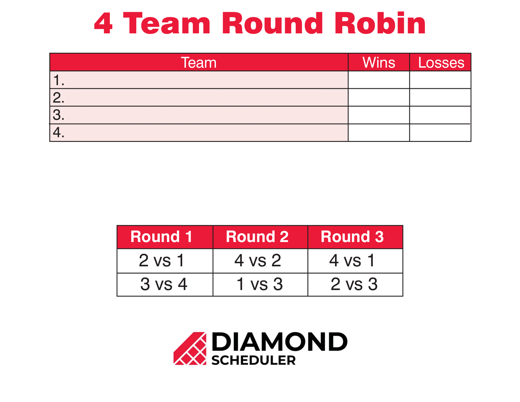 4Team Round Robin Tournament Printable Diamond Scheduler